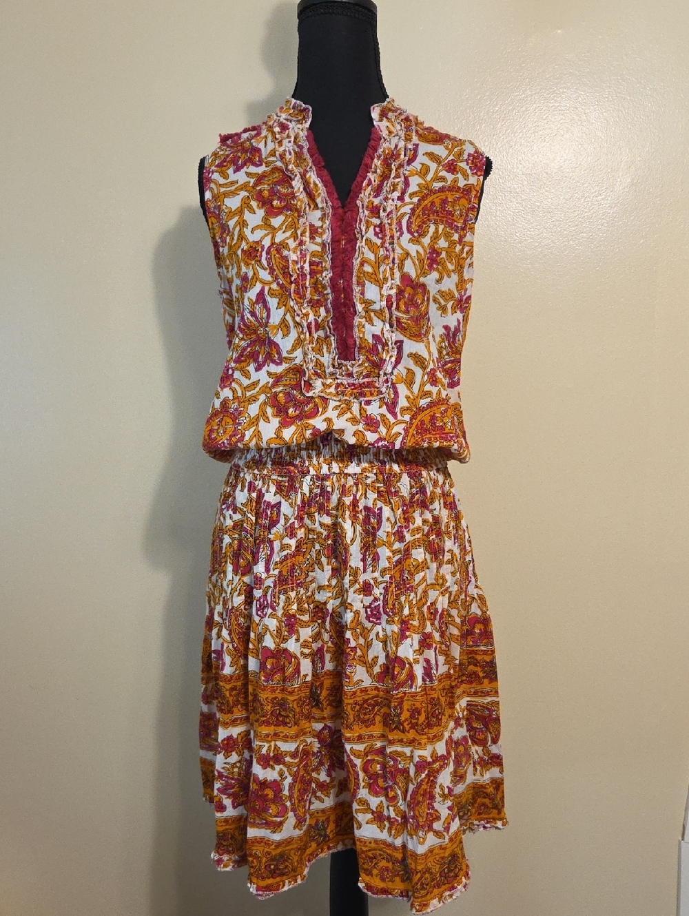 Lola Australia Pink & Orange Floral Paisley Boho Cotton Casual Midi Dress - XS